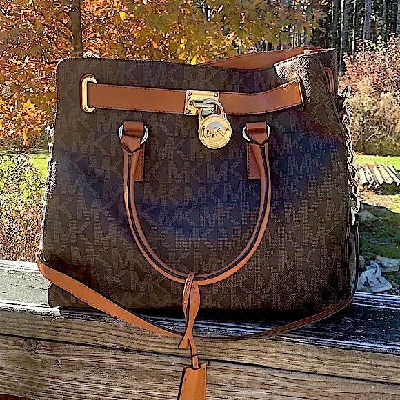 Michael Michael Kors Leather Hamilton Logo Tote Satchel Signature Monogram Bag - Picture 3 of 12